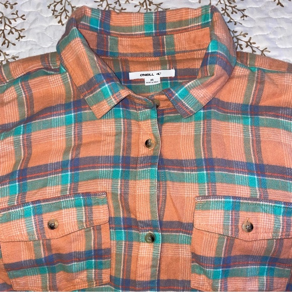 NWT O’Neill NASH FLANNEL TOP shirt peach plaid print soft cotton button up - Picture 9 of 11